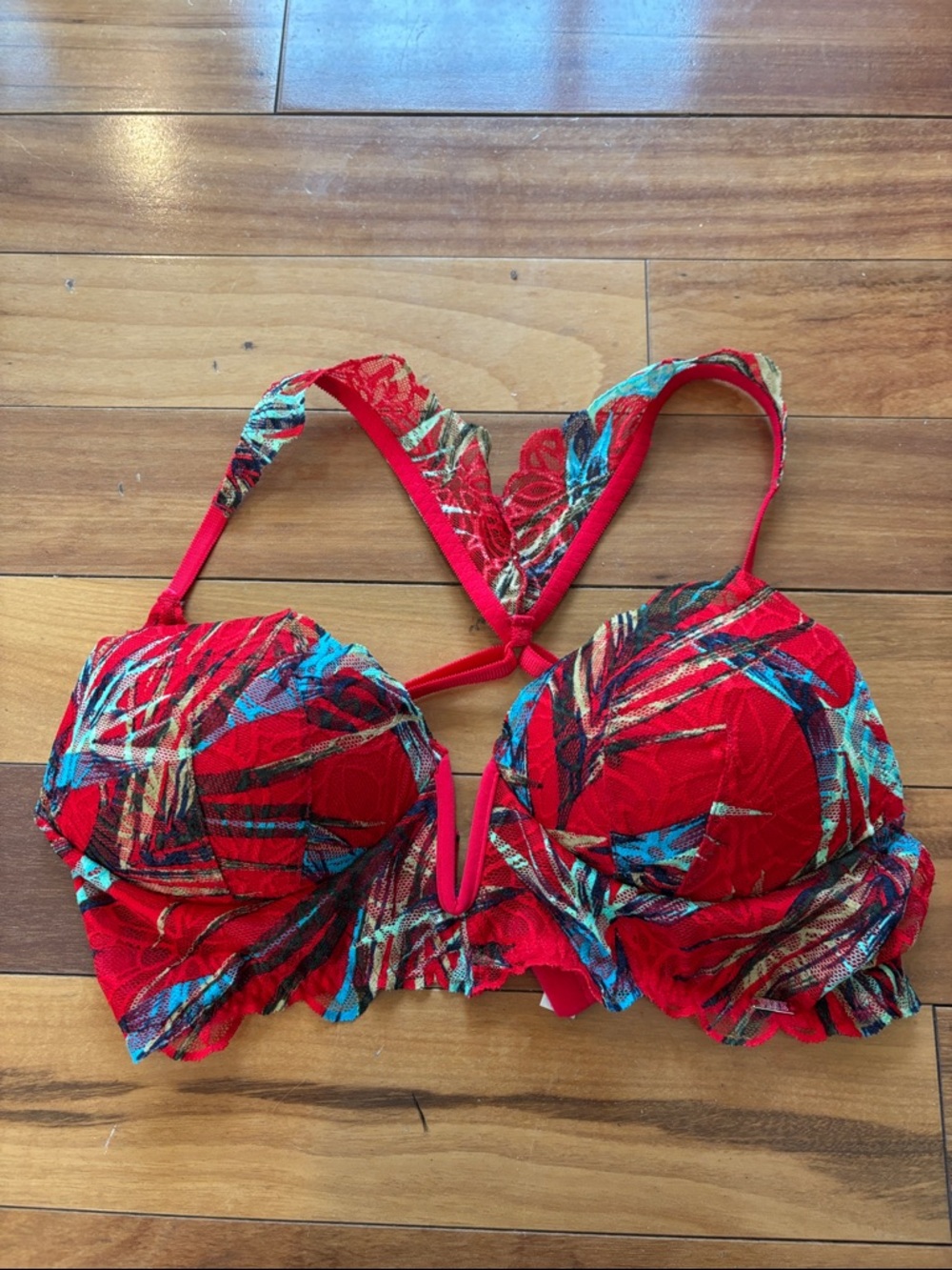 PINK Victoria's Secret Red Tropical Lace Push-Up Bra